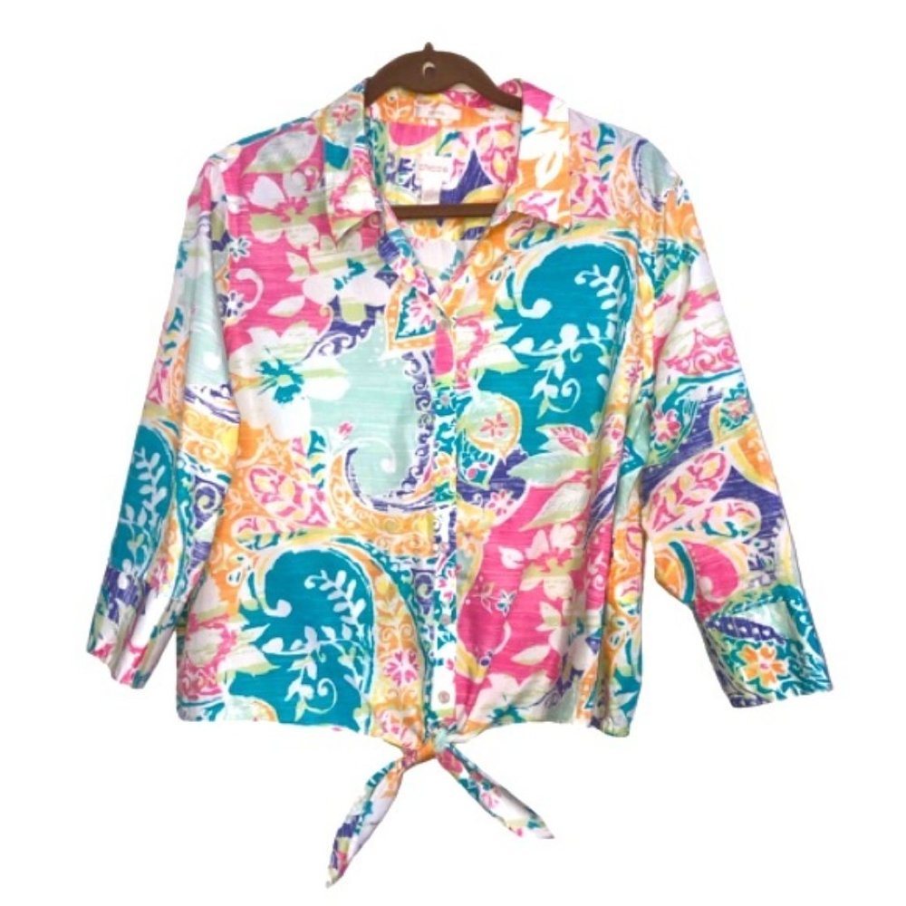 Chico’s Blouse 3/L Multicoloured Button Front Keyhole Tie Bottom Collar Bright